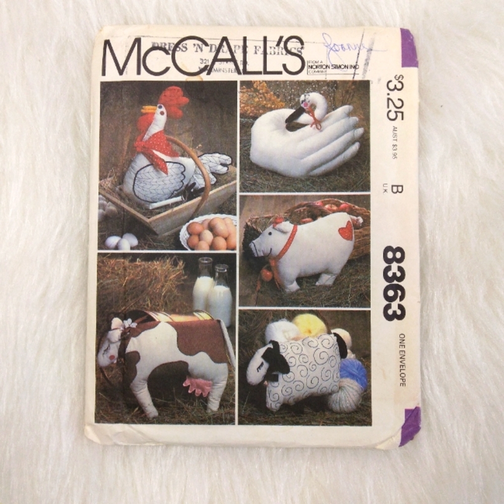 Vintage McCall's 8363 Animal Pillow Dolls Chicken, Swan, sheep, Pig, Cow